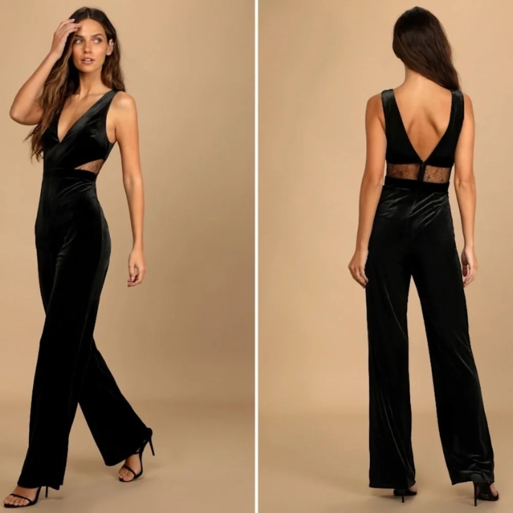 LULU's Sexy Chic Elegant Prom Holidays Wedding Velvet Lace Sophisitcated Jumpsui